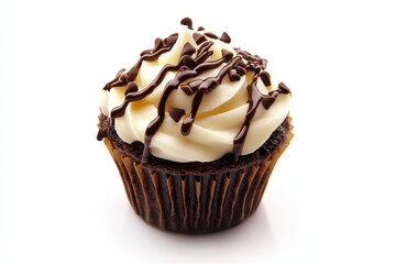 Delicious chocolate cupcake with cream cheese frosting and chocolate chips.