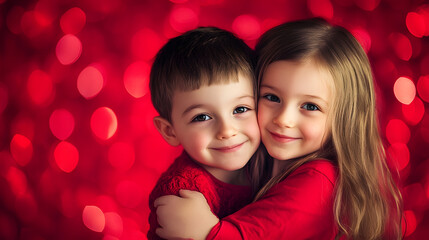 Smiling Siblings Embrace in Festive Red for Heartwarming Celebration : Generative AI
