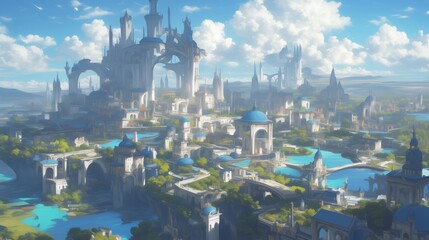 Fototapeta premium A mystical floating city with towers piercing through the clouds.