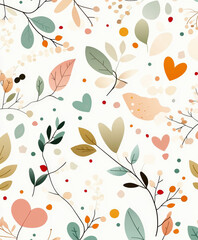 Fototapeta premium Charming floral pattern with colorful leaves and hearts perfect for nature-inspired backgrounds, wallpapers, stationery, and design projects.