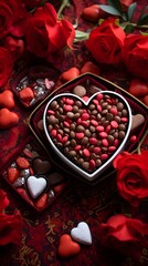 Sweet Romance: Heart-Shaped Chocolate Box on Red Velvet with Scattered Rose Petals
