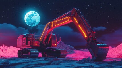 3D excavator, side view. Modern heavy construction equipment, Robust, Arcade, Matte painting, close-up, textured, Flat, Projection mapping, bold colors, Gyaru, moon lighting, Super detail,