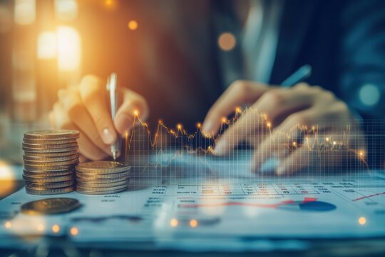Businesswoman analyzing financial data and charts with coins.