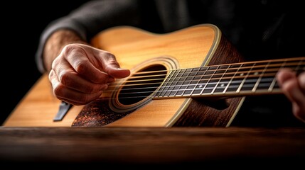 Fototapeta premium Close Up of Fingers Strumming Guitar Strings in Dim Lighting Capturing Musical Emotion and Artistic Performance