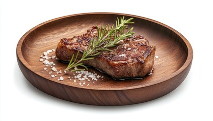 Grilled steak with rosemary and sea salt on wooden plate. (1)