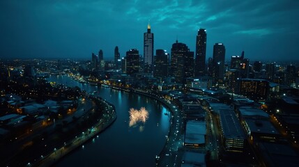 A nighttime cityscape featuring a river and fireworks illuminating the skyline.