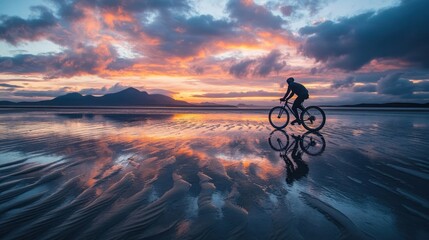 Fototapeta premium A cyclist rides along a reflective beach at sunset, capturing the beauty of nature.