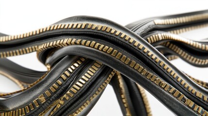 A close-up of intertwined black cables with metallic accents, showcasing texture and design.
