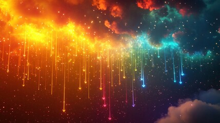 Obraz premium A vibrant cosmic scene with colorful light streams cascading from clouds.