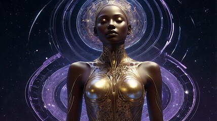 Fototapeta premium Cosmic Serene: A Digital Goddess in Golden Armor