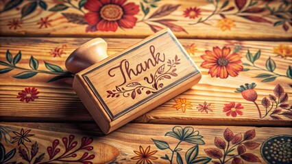 A rubber stamp with a thank you message on a wooden background, surrounded by a floral pattern