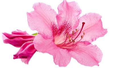 A detailed shot of a bright pink azalea bloom with ruffled petals and a delicate stamen, isolated white background, minimalistic art style