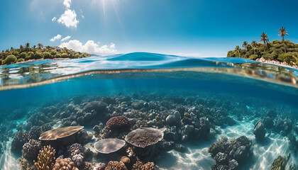 "Split Underwater View Featuring Serene Sea Below and Sunny Sky Above with Crystal-Clear Water and Vibrant Colors – Perfect for Oceanic, Nature, and Travel-Themed Visuals and Designs"