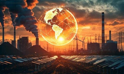 A sunset view of industry and renewable energy with a digital globe overlay. - Powered by Adobe