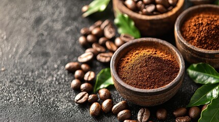 Variety of aromatic spices in wooden bowls