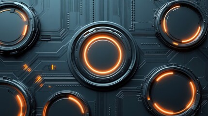 Abstract digital design featuring circular elements with glowing edges on a circuit-like background.