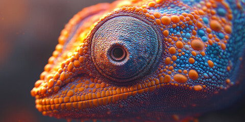 Fototapeta premium A close up of an orange and blue chameleon, vibrant colors, generative AI