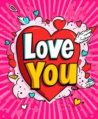 Pop art style illustration of a large red heart with 'Love You' text in bold yellow and white font, surrounded by arrows and smaller hearts on a vibrant pink background