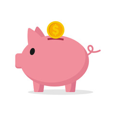 Vector illustration of cute piggy bank. White background. Flat design vector.