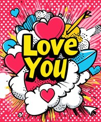 Fototapeta premium Energetic Pop Art Style 'Love You' Illustration with Explosion of Hearts