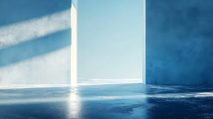 Bright Minimalist Room with Geometric Reflections and Calming Blue Tones