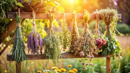 Drying herbs on wooden barn in garden with sunlight filtering through , flowers, rustic,  flowers, rustic