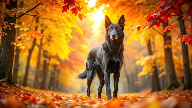 Black dog, autumn leaves, fall landscape.  A canine portrait in fiery foliage.