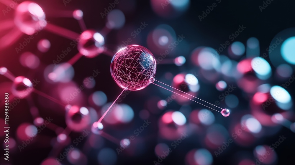 Poster abstract representation of molecular structure with neon colors, featuring dynamic atoms and connect