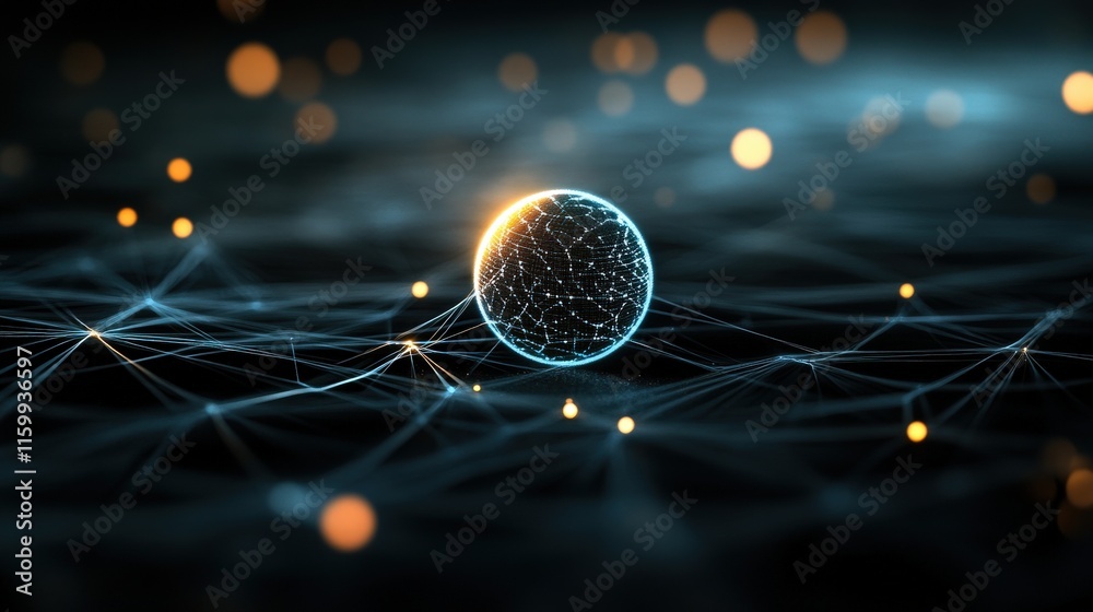 Aufkleber Abstract futuristic representation of a glowing sphere connected by glowing lines and floating particles, illustrating digital space and advanced technology concepts