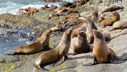 Sea Lions Resting on a Rocky Beach, Basking in the Warm Sun
