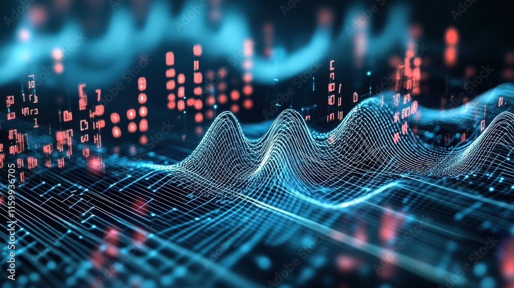 Poster Abstract Digital Waveform with Flowing Lines and Data Points in a Luminous Blue Environment, Representing Data Analysis and Technology Concepts