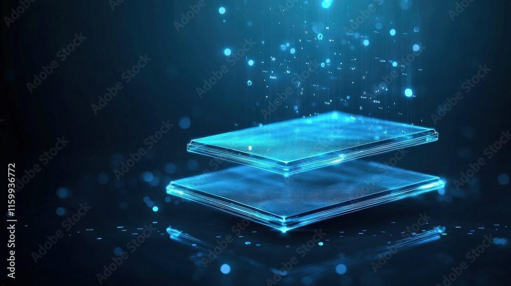 Poster Futuristic Digital Interface Display with Floating 3D Layers and Sparkling Particles in a Blue Light Environment for Technology and Innovation Concepts