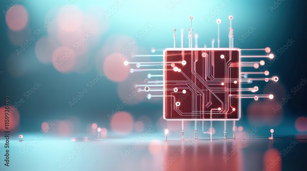 Aufkleber Futuristic Digital Circuit Board with Glowing Red Chip Surrounded by Bokeh Light Highlights, Represents Advanced Technology and Innovation in Electronics Design