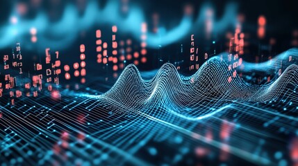 Abstract Digital Waveform with Flowing Lines and Data Points in a Luminous Blue Environment, Representing Data Analysis and Technology Concepts