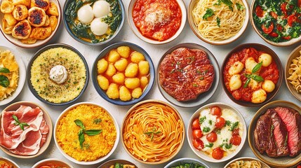 Overhead shot of various Italian dishes in bowls, including pasta, risotto, gnocchi, and meat.