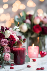 Obraz premium Romantic Candlelit Scene with Red Roses and Soft Glowing Lights for Special Occasions : Generative AI