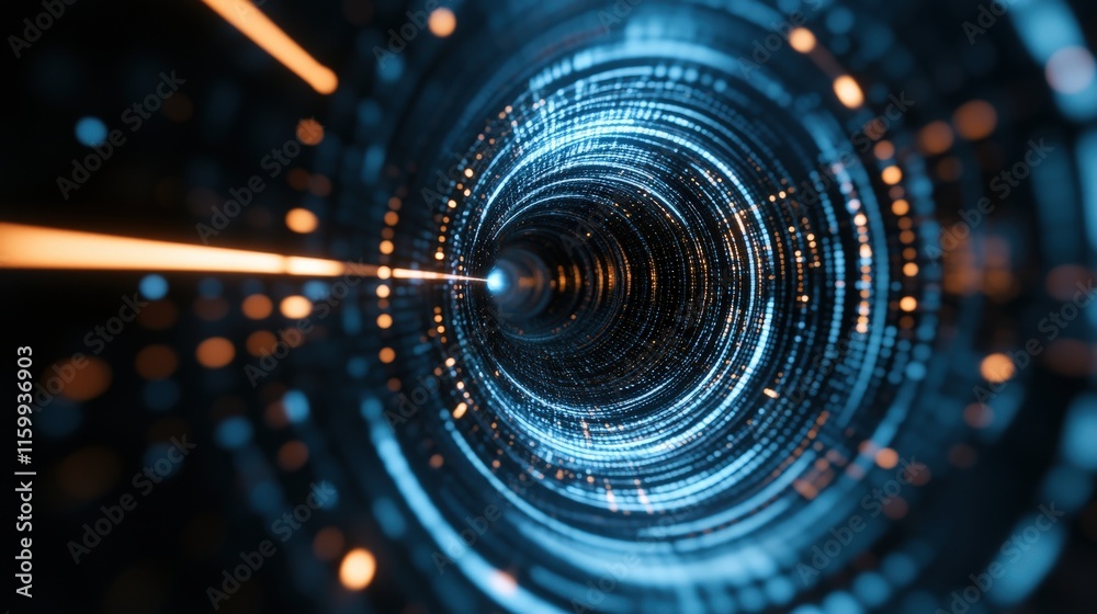 Poster Dynamic Abstract Visualization of a Spiral Tunnel with Bright Lines and Glowing Particles, Representing High-Tech Concepts and Infinity