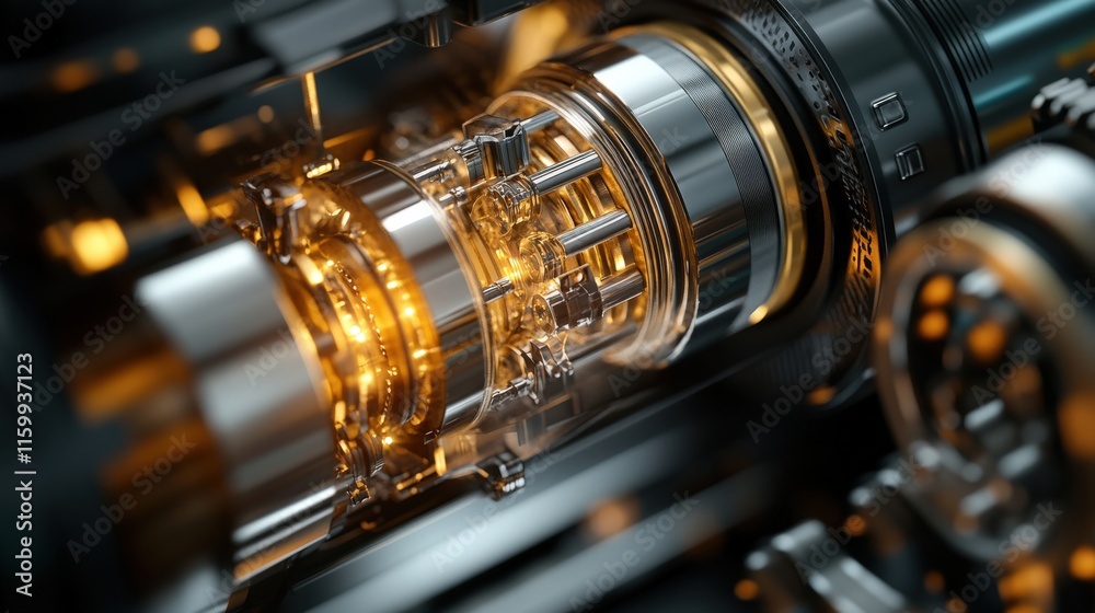 Poster Close-up View of Futuristic Engine Components with Intricate Details and Golden Lighting Showcasing Advanced Technology and Mechanical Design