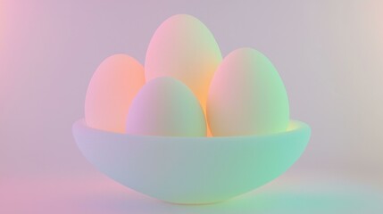 Fototapeta premium Colorful Easter eggs arranged in white bowl, soft pastel hues glowing gently, symbolizing celebration and renewal, perfect for holiday decor and festive gatherings, copy space.