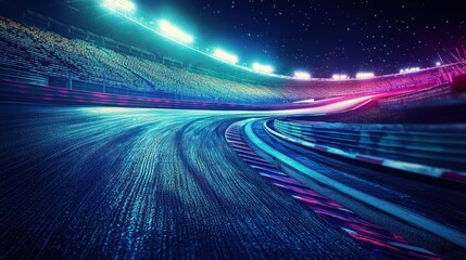 Night race track, vibrant lights, motion blur.