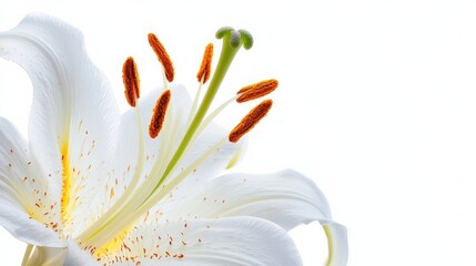 A detailed shot of a delicate white lily with its graceful petals, isolated white background, minimalistic art style