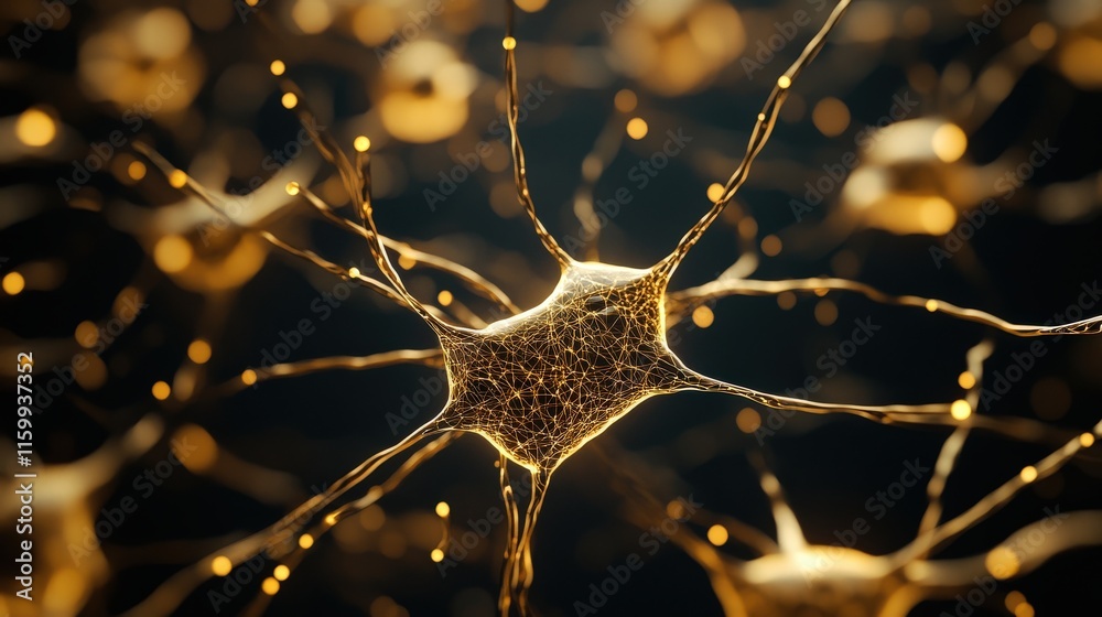 Poster Close-up View of Golden Neurons in a Neural Network Representing Advanced Neural Interconnectivity and Brain Functionality in a Digital World