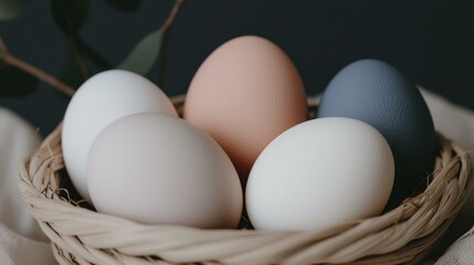 Pastel Easter eggs in decorative basket with green foliage