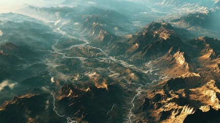 Aerial view of rugged mountain landscape.