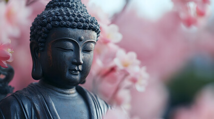 Tranquil Buddha Statue with Cherry Blossom Background in Peaceful Japanese Garden : Generative AI