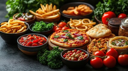 Fototapeta premium A vibrant assortment of fast food, including pizza, fries, onion rings, and various dips, arranged on a dark surface.