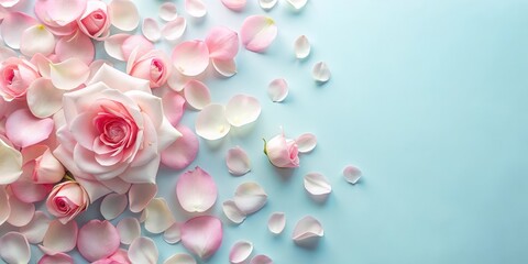 Obraz premium Soft pink rose petals scattered on a pastel pink background with white and light blue accents, nature, serene, nature