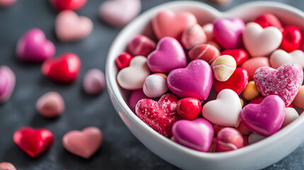 Colorful Bowl of Heart Shaped Pastel Candies for Valentine's Day : Generative AI