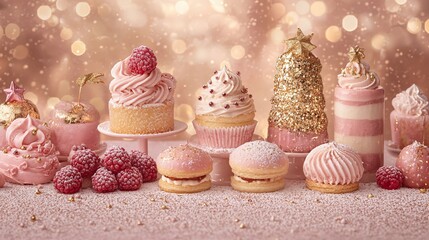 Festive pink desserts; cupcakes, macarons, pastries, raspberries, gold sprinkles, bokeh background.