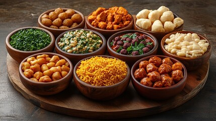 Assorted bowls of various cuisines, including meatballs, chickpeas, rice, and vegetables, arranged on a wooden platter.